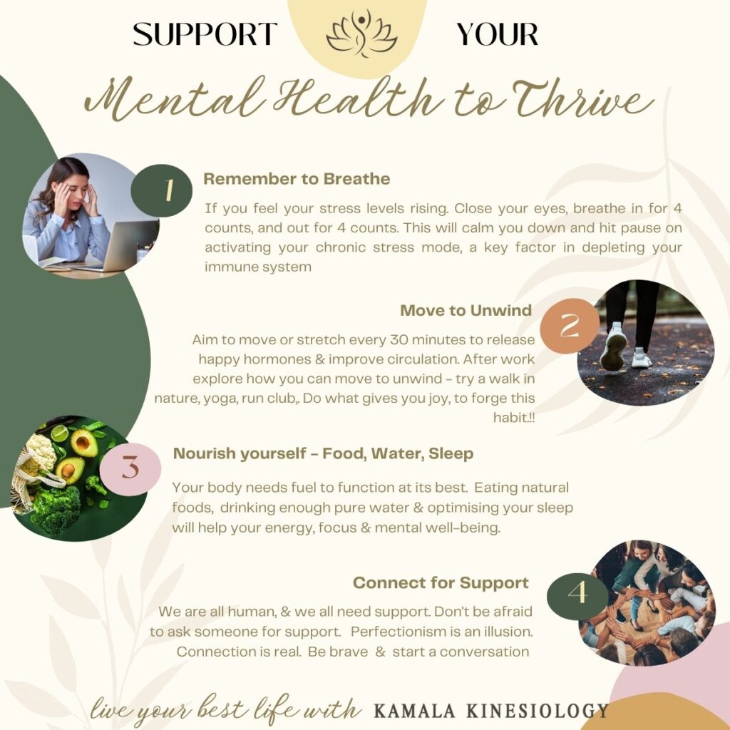 Support your Mental Health with these well-being foundations to support your health and mind from Karen, Kamala Kinesiology.